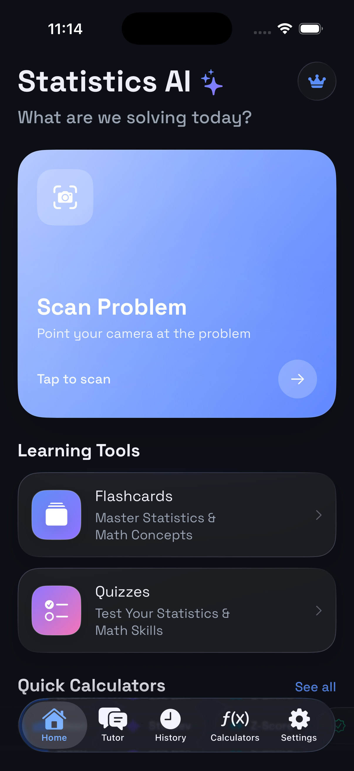 History AI - Smart Tutor home screen in dark mode